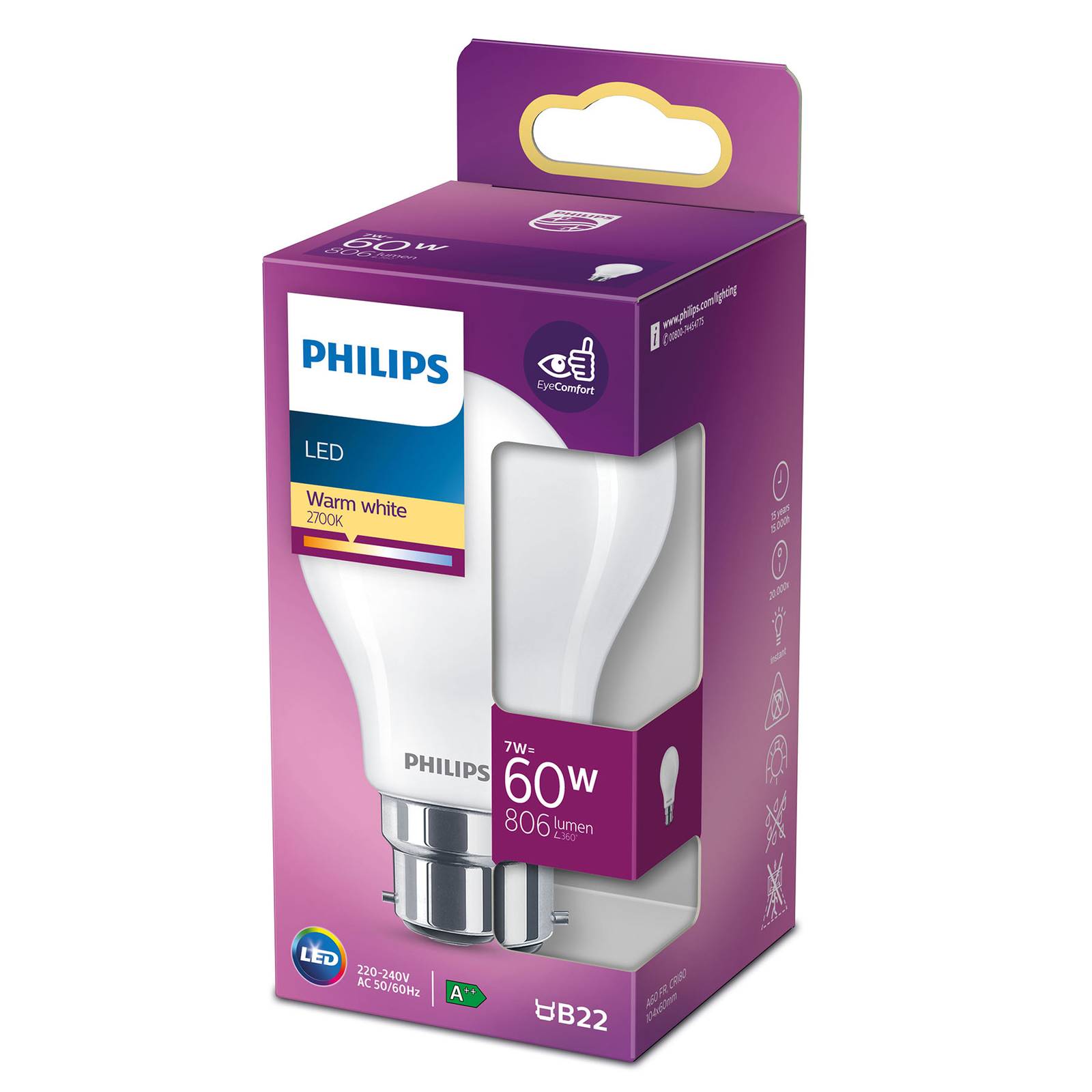 Philips LED-lamppu Classic B22 A60 7W 2 700 K