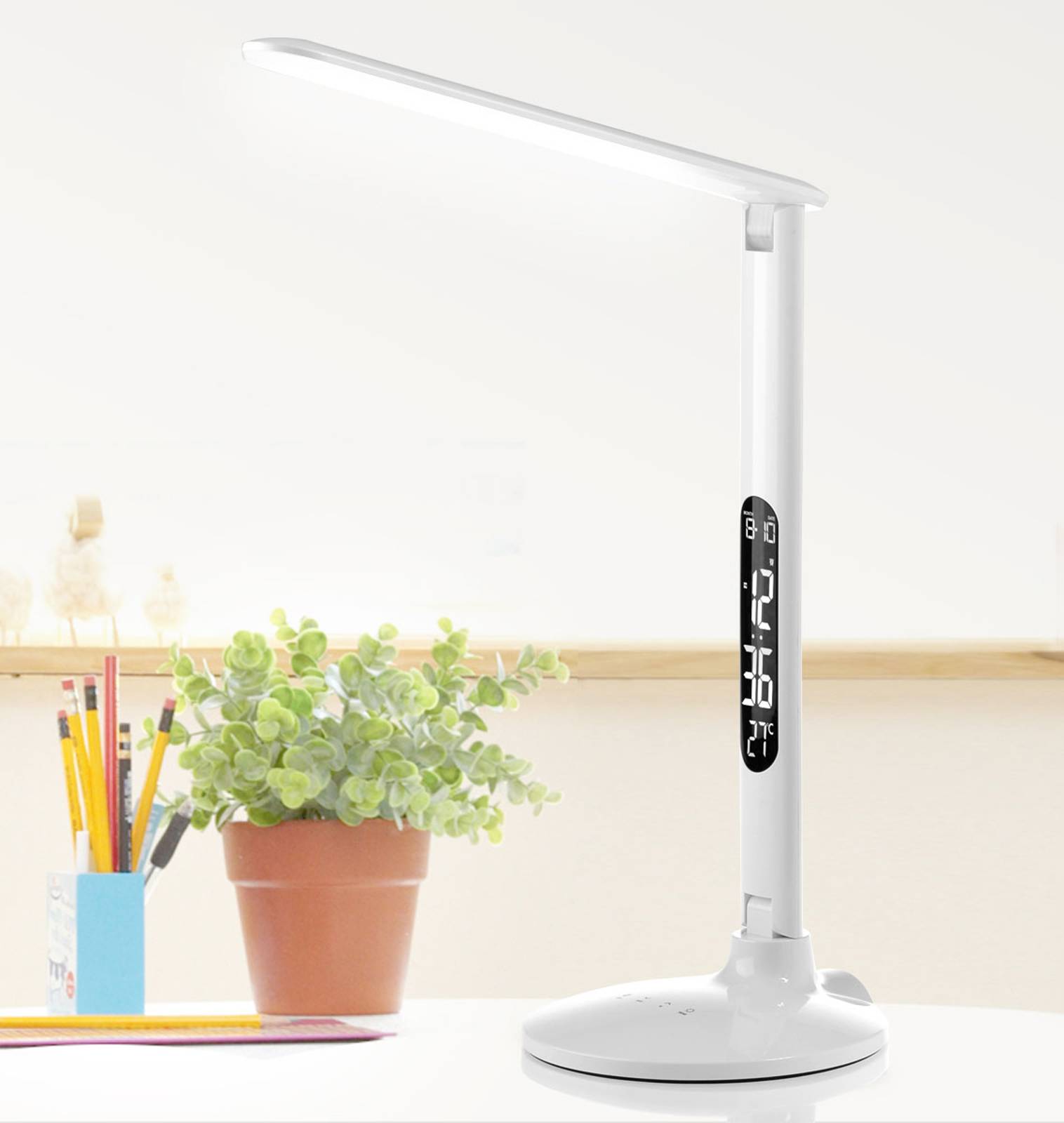 LED-työpöytälamppu Success kellolla, valkoinen