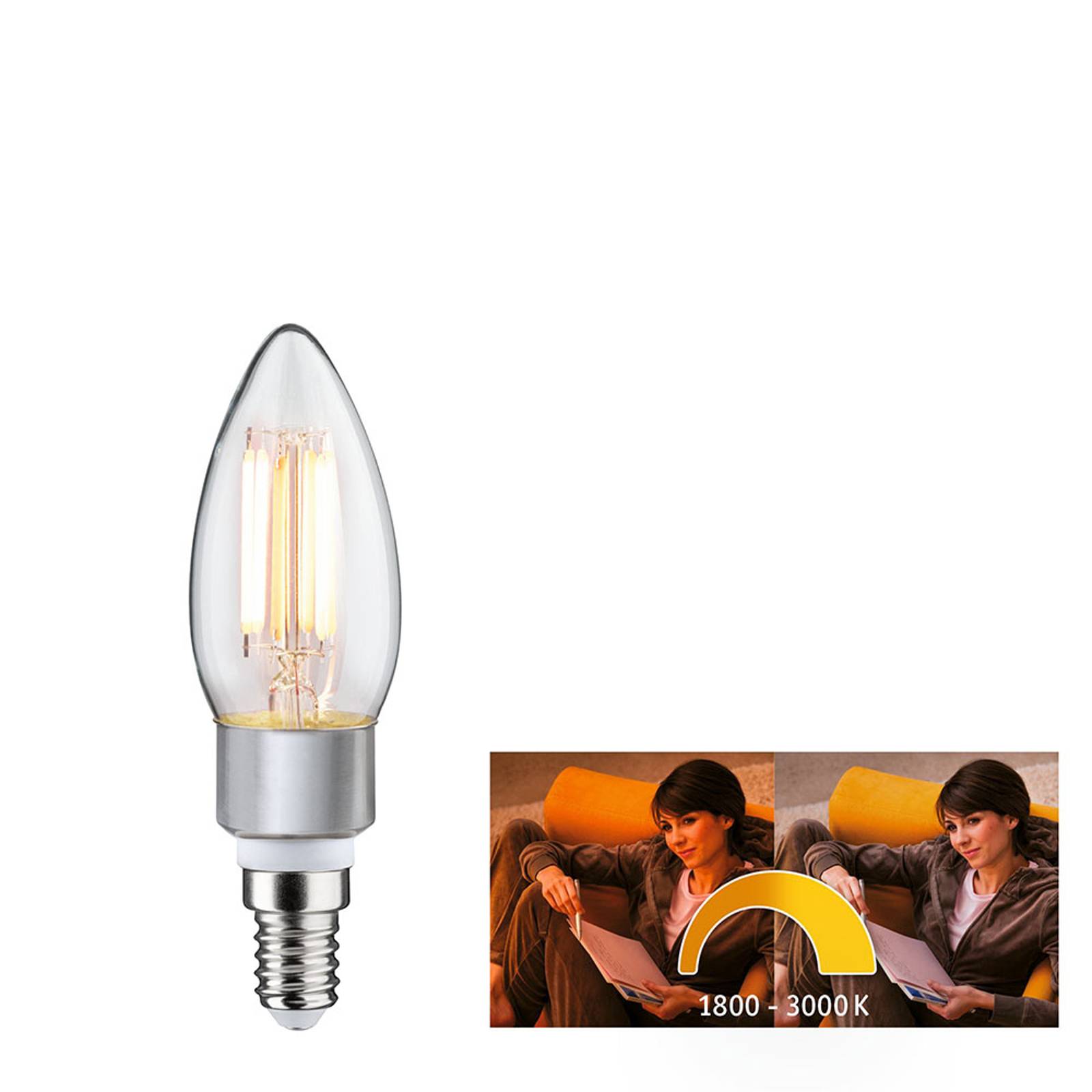 Paulmann-LED-kynttilälamppu E14 5W dim to warm
