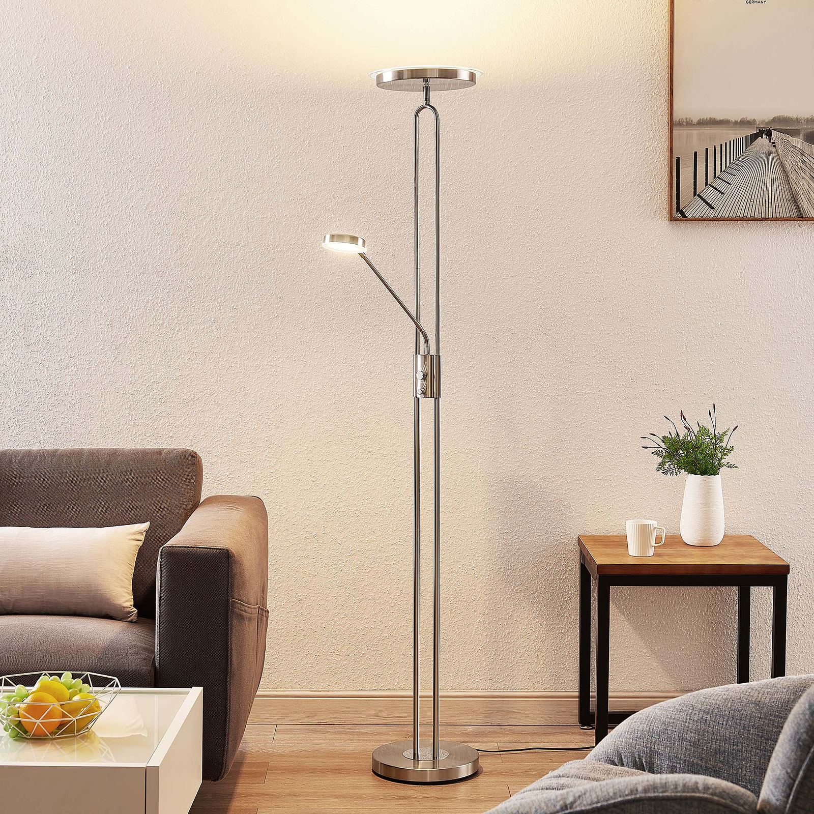 Lindby Twina -LED-lattiavalo, satinoitu kromi