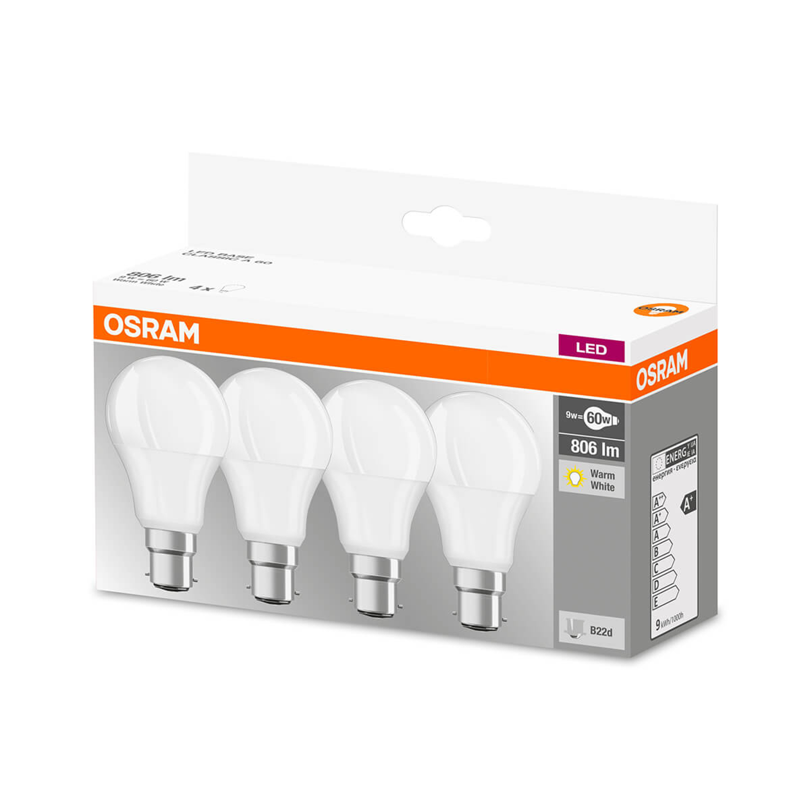 LED-lamppu B22d 9W lämmin valk. 806 lumenia, 4 kpl