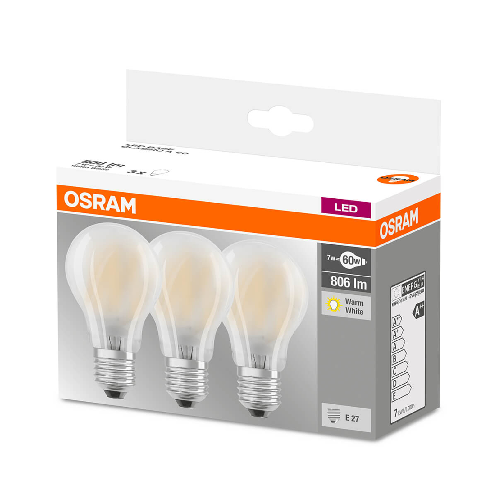 LED-lamppu E27 7 W, 806 lumenia, 3 kpl:n setti
