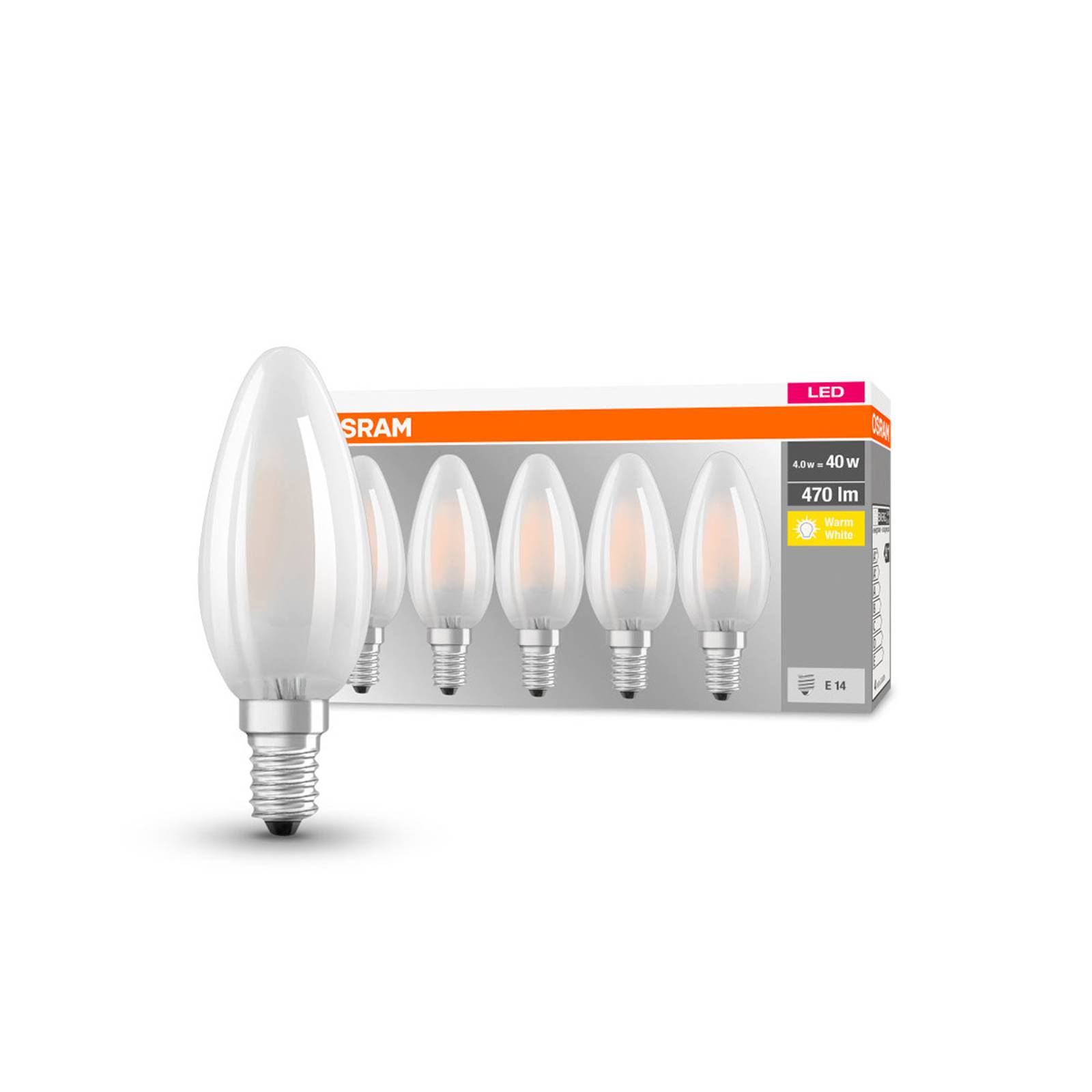 OSRAM-LED-kynttilälamppu E14 4W 2700K 470lm 5 kpl