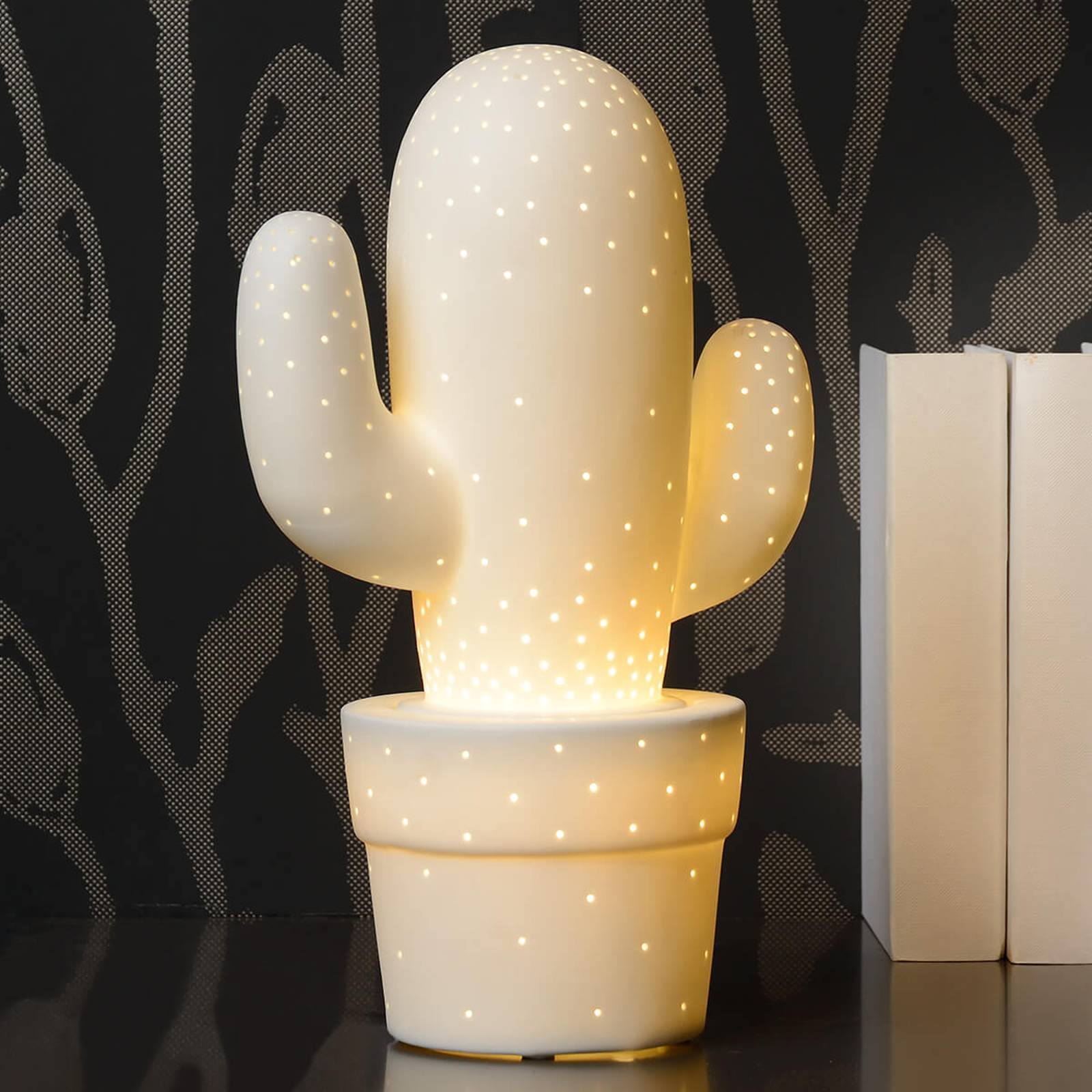 Valkoinen pöytävalaisin Cactus, keramiikkaa