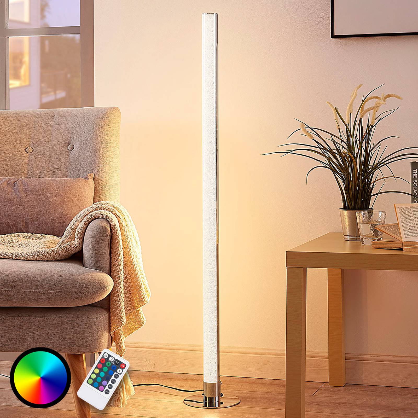 Pitkä LED-RGB-lattiavalaisin Hadis, himmennettävä