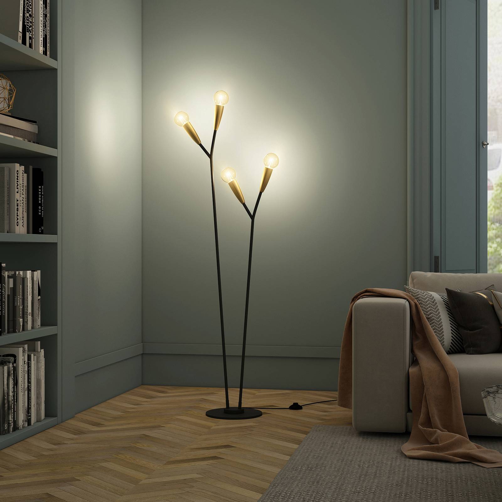 Lucande Carlea -lattiavalo, 4-lamp. musta-messinki
