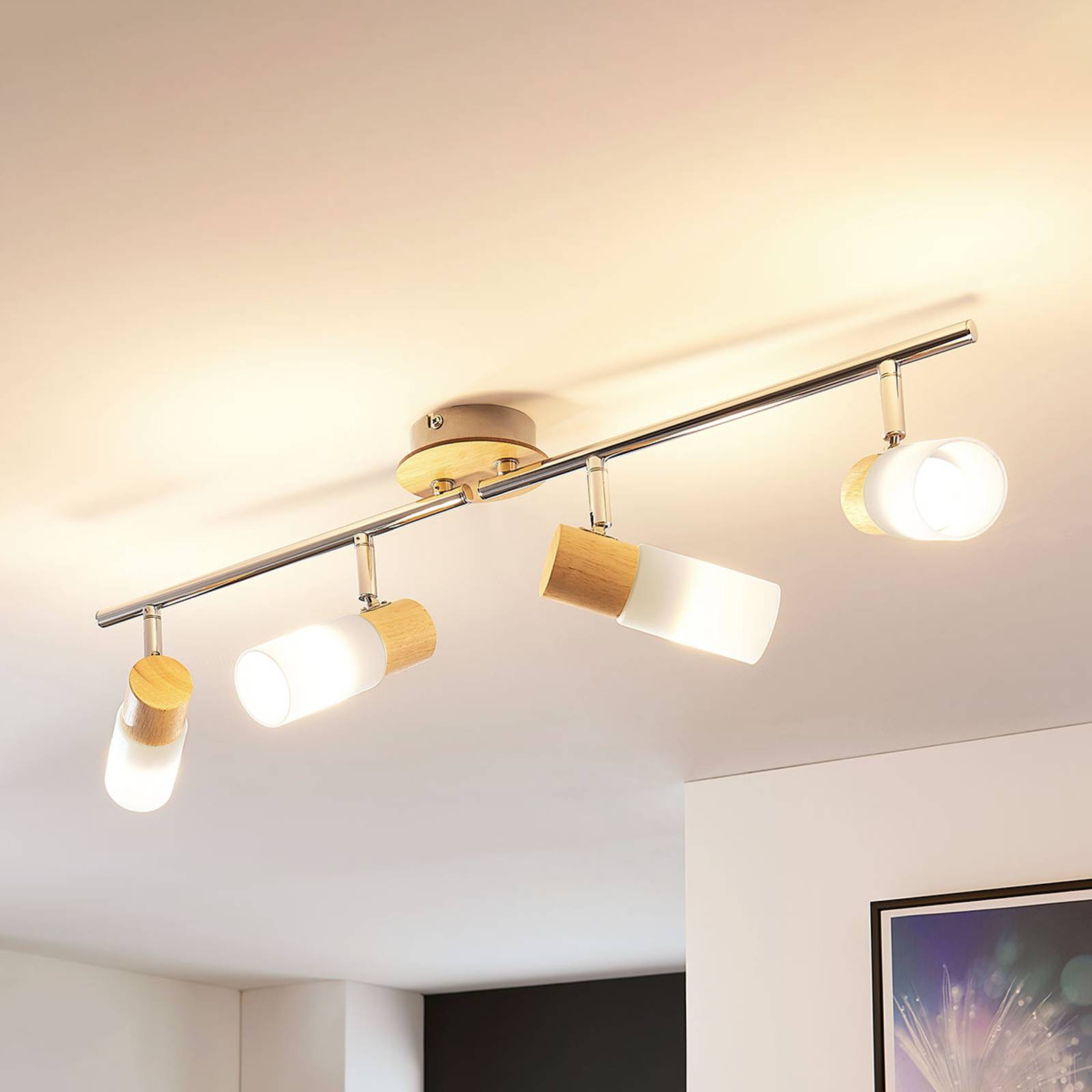 Nelilamppuinen LED-kattovalaisin Christoph, puuta