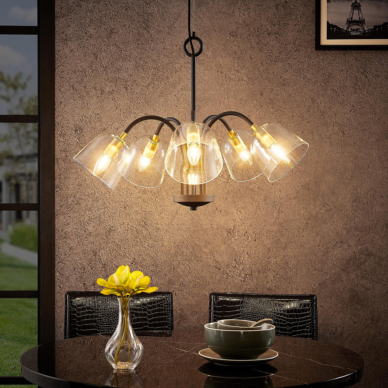 Lucande Anjita -riippuvalo, lasivarjostin, 5-lamp.